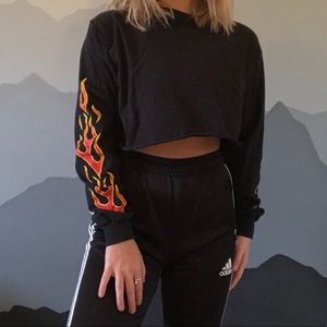 Flame Sleeve Black Crop Long Sleeve Tee